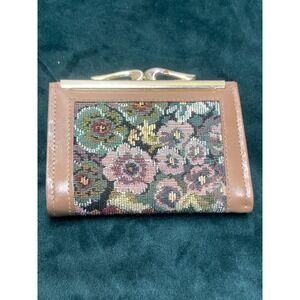 Vintage Leathermark Floral Tapestry Trifold Wallet Kiss Lock Coin Purse USA Made